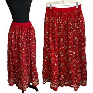 Vintage rayon indie boho sequin red floral printed flowy maxi skirt FREE SIZE